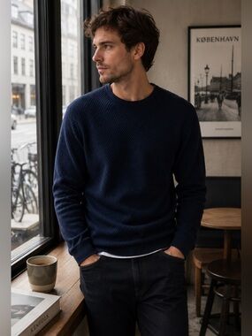 Zara Man Navy Waffle Knit Crewneck Sweater Men’s M Cotton Blend